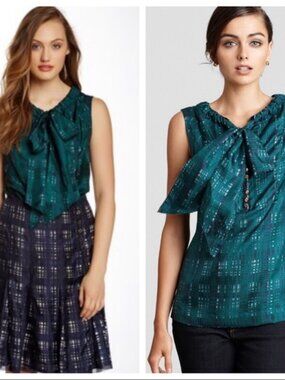 TORY BURCH 100% silk blouse top green teal sleeveless tie neck SIZE 8